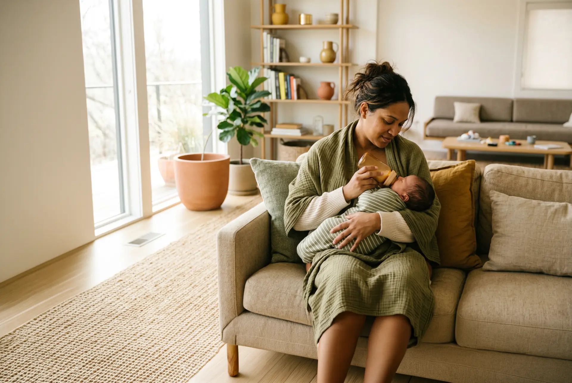 A parent in a soft green wrap feeding their newborn with a bottle while seated on a living room sofa